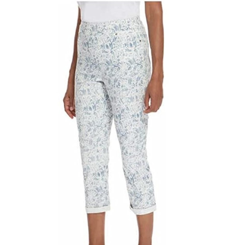NWT Mario Serrani Stretch Capri Pant Elastic Waist Blue Floral Size S $55 8HL023